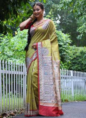Light green color  silk blend madhubani warli printed saree 2