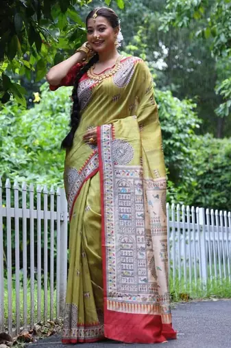Light green color  silk blend madhubani warli printed saree