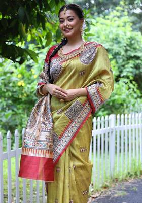 Light green color  silk blend madhubani warli printed saree 3