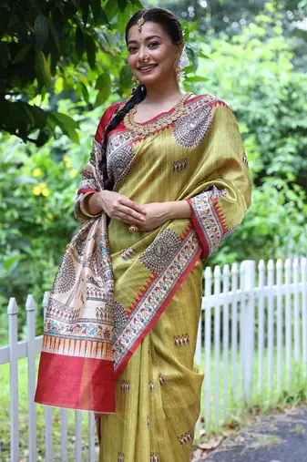 Light green color  silk blend madhubani warli printed saree