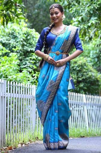 Sky blue color raw silk madhubani warli printed saree