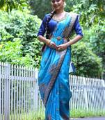 Sky blue color  silk blend madhubani warli printed saree