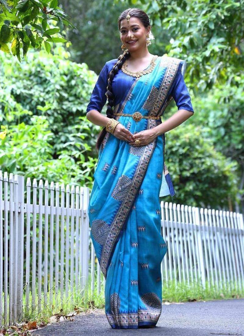 Sky blue color raw silk madhubani warli printed saree