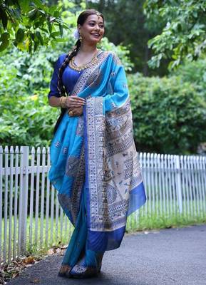 Sky blue color  silk blend madhubani warli printed saree 3
