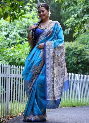 Sky blue color  silk blend madhubani warli printed saree 4