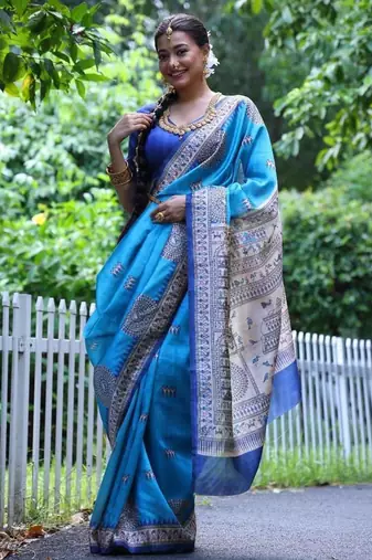 Sky blue color raw silk madhubani warli printed saree