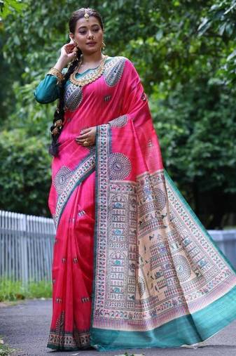 Pink color raw silk madhubani warli printed saree