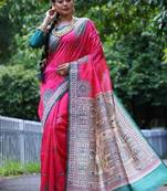 Pink color  silk blend madhubani warli printed saree