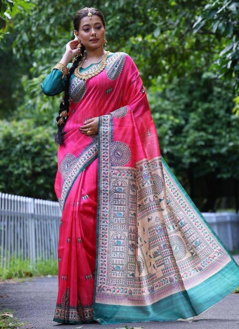 Pink color raw silk madhubani warli printed saree