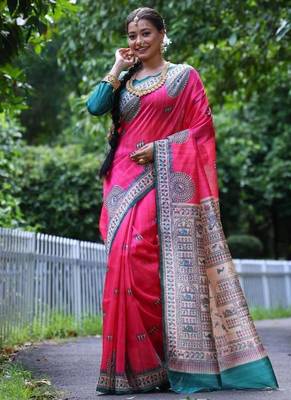 Pink color  silk blend madhubani warli printed saree 2