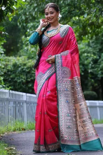 Pink color  silk blend madhubani warli printed saree
