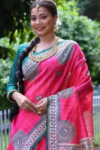 Pink color  silk blend madhubani warli printed saree