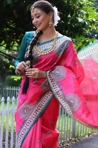 Pink color  silk blend madhubani warli printed saree