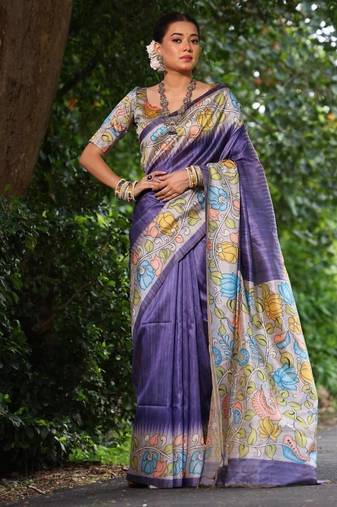 purple color  silk blend kalamkari printed saree