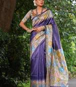 purple color  silk blend kalamkari printed saree