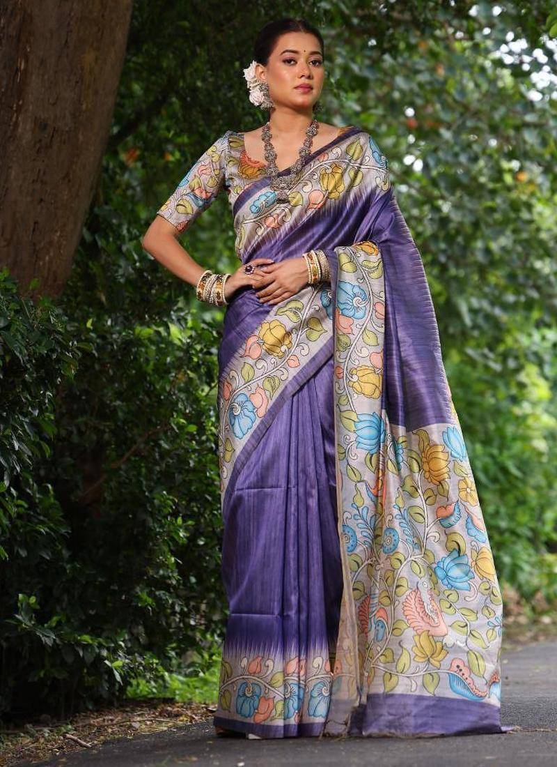 purple color raw silk kalamkari printed saree