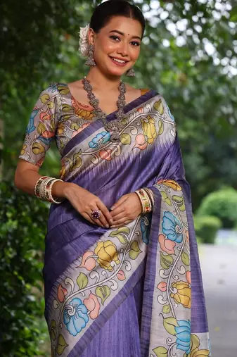 purple color  silk blend kalamkari printed saree