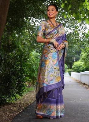 purple silk blend kalamkari printed saree 3