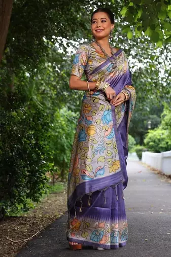 purple color  silk blend kalamkari printed saree