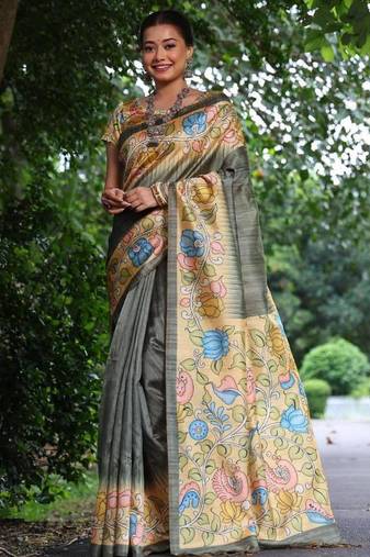 grey color raw silk kalamkari printed saree