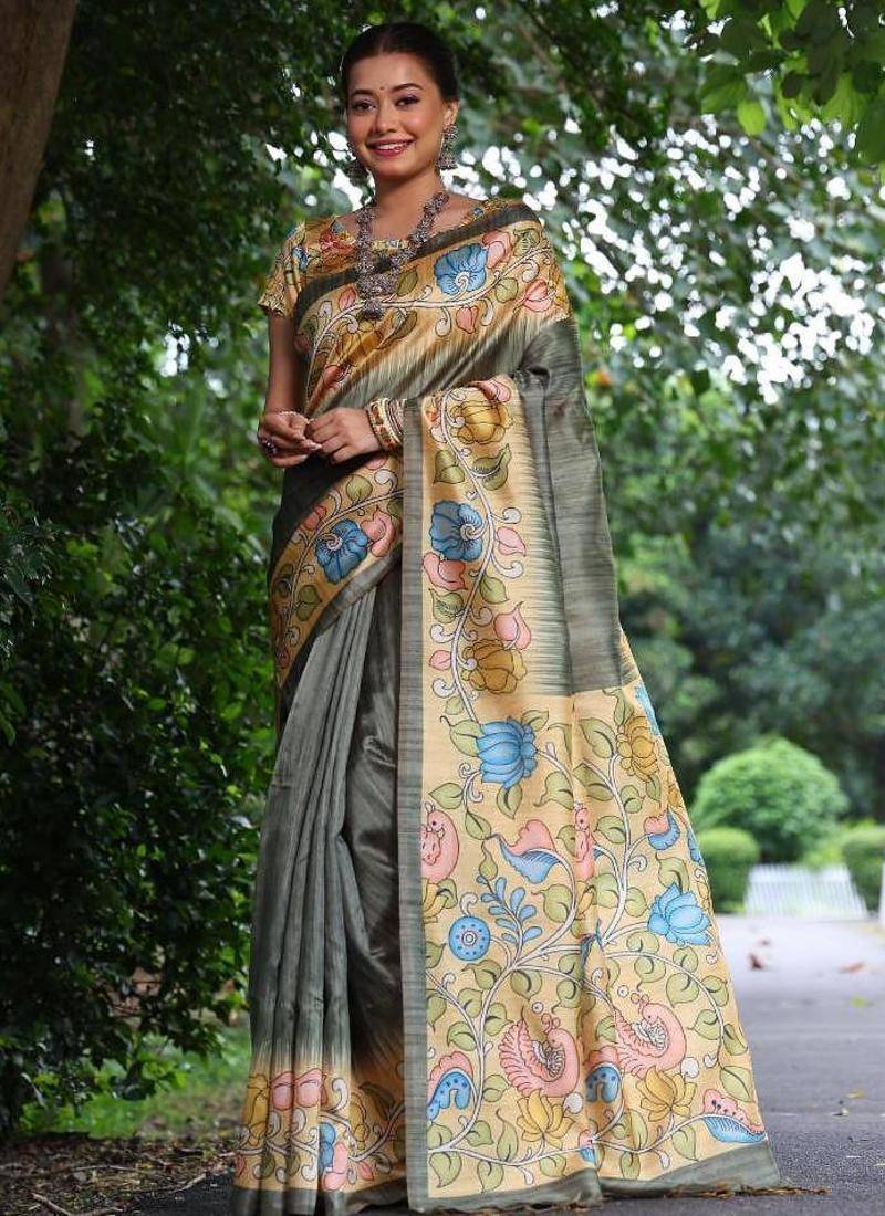 grey color raw silk kalamkari printed saree