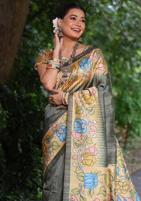 grey color  silk blend kalamkari printed saree 2