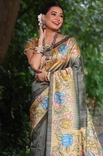 grey color  silk blend kalamkari printed saree