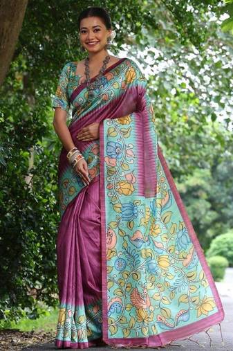 Purple color raw silk kalamkari printed saree