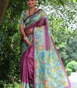 Purple color raw silk kalamkari printed saree