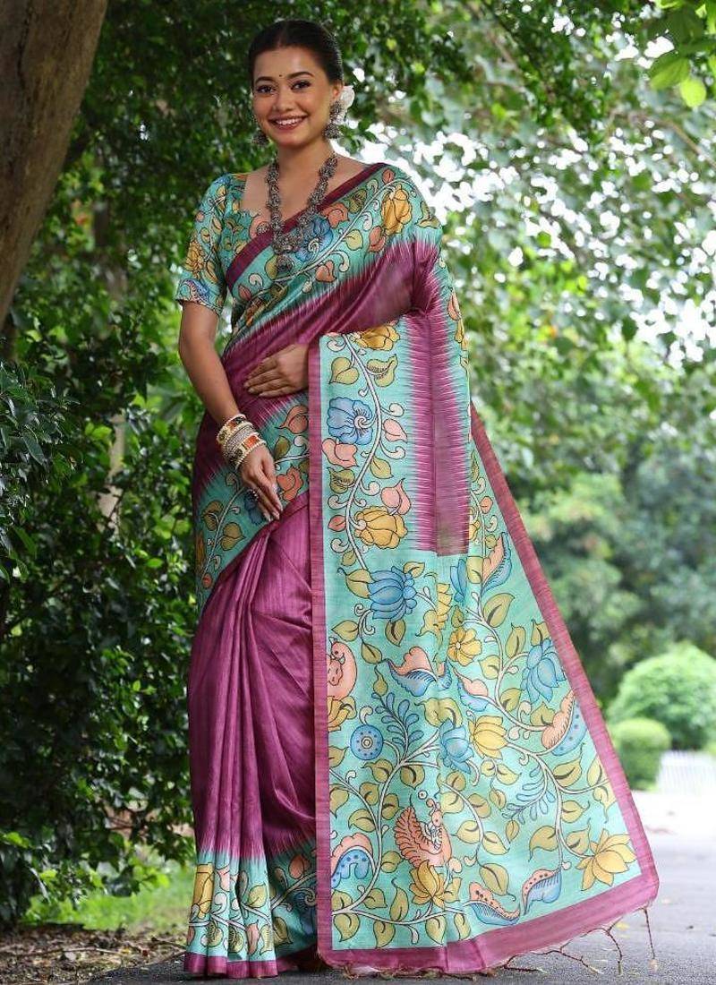 Purple color raw silk kalamkari printed saree