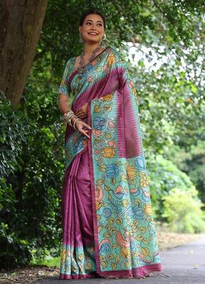 Purple color  silk blend kalamkari printed saree 2