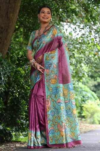 Purple color  silk blend kalamkari printed saree