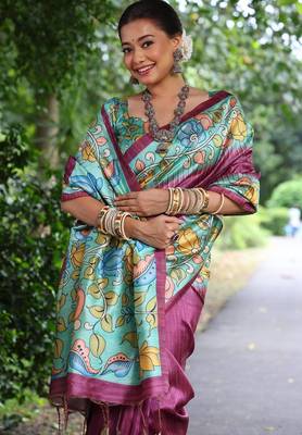 Purple color  silk blend kalamkari printed saree 3