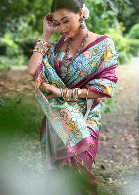 Purple color  silk blend kalamkari printed saree 4