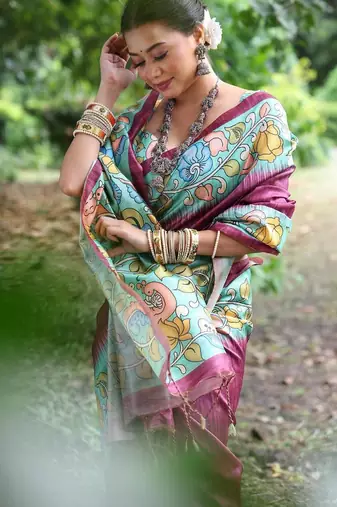 Purple color  silk blend kalamkari printed saree