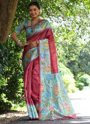 Maroon color  silk blend kalamkari printed saree 1