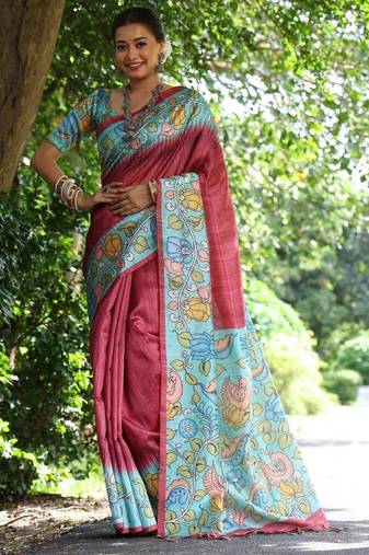 Maroon color raw silk kalamkari printed saree