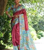 Maroon color raw silk kalamkari printed saree