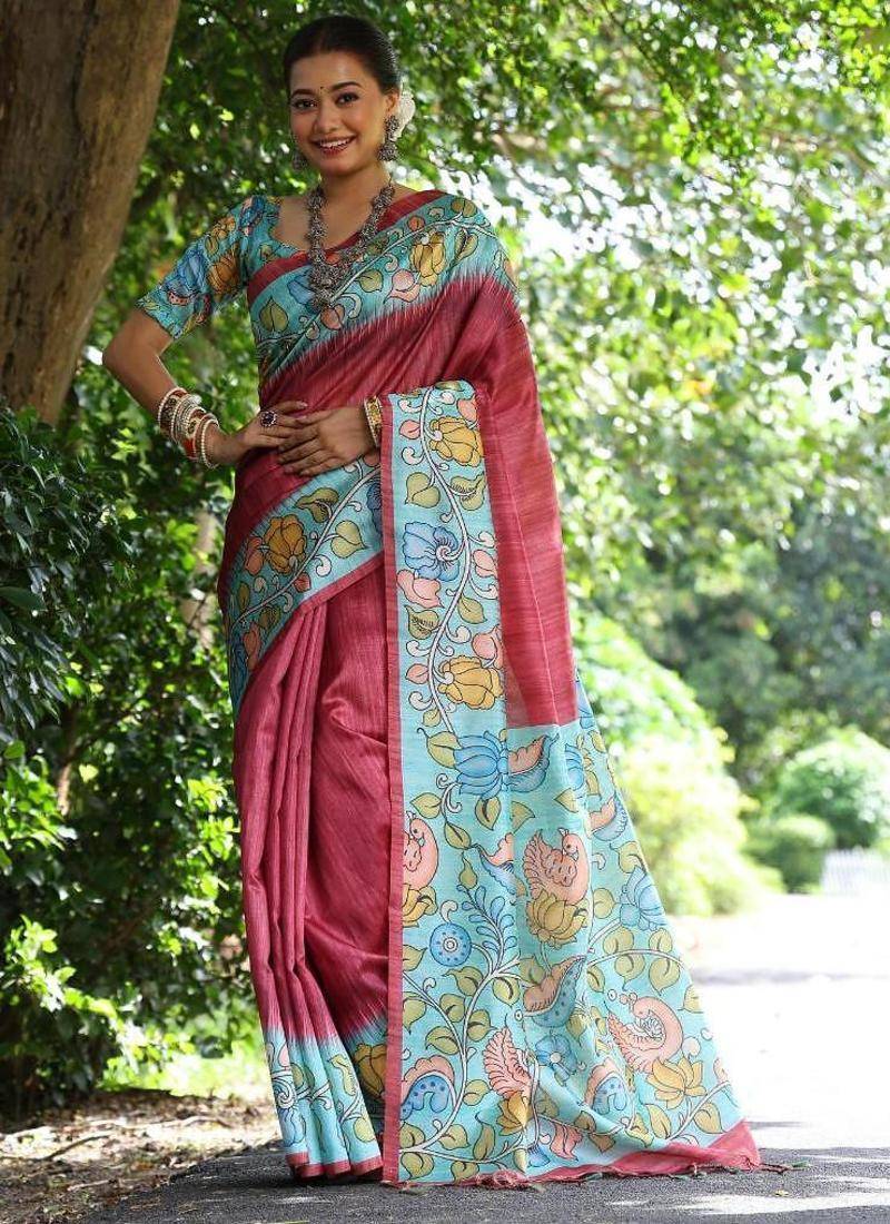 Maroon color raw silk kalamkari printed saree