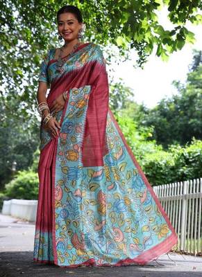 Maroon color  silk blend kalamkari printed saree 2