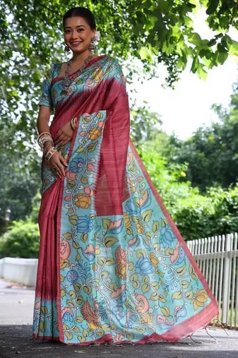 Maroon color  silk blend kalamkari printed saree