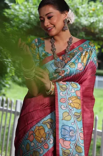 Maroon color  silk blend kalamkari printed saree