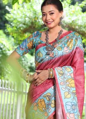 Maroon color  silk blend kalamkari printed saree 4
