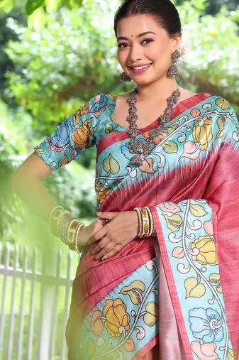 Maroon color  silk blend kalamkari printed saree