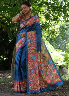 Aqua blue color  silk blend kalamkari printed saree 1