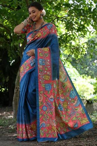 Aqua blue color raw silk kalamkari printed saree