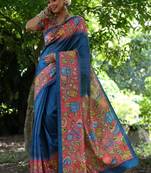 Aqua blue color  silk blend kalamkari printed saree