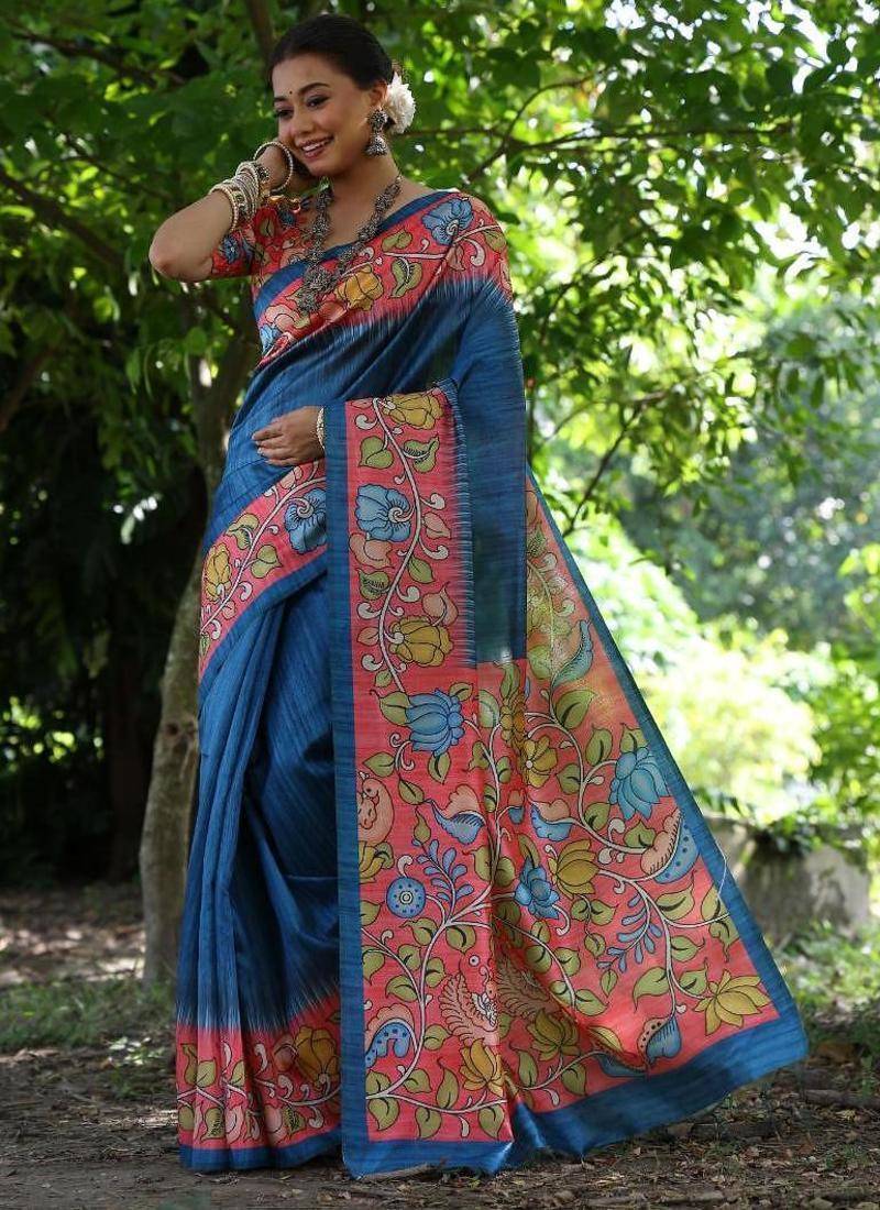 Aqua blue color raw silk kalamkari printed saree