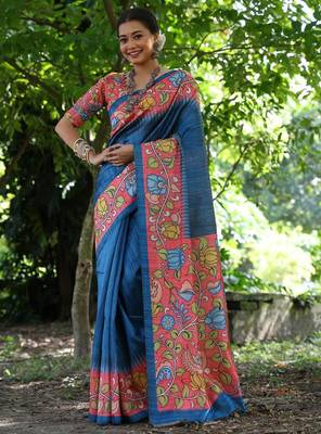 Aqua blue color  silk blend kalamkari printed saree 2