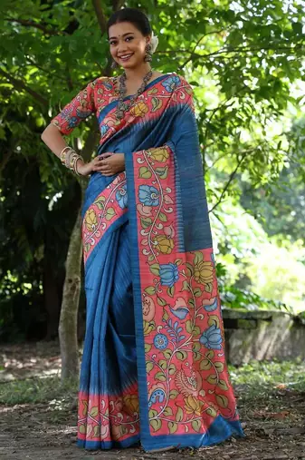 Aqua blue color  silk blend kalamkari printed saree